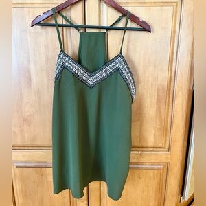 Embroidered Olive Green Flowy Boho Racerback Cami Blouse - Size Large